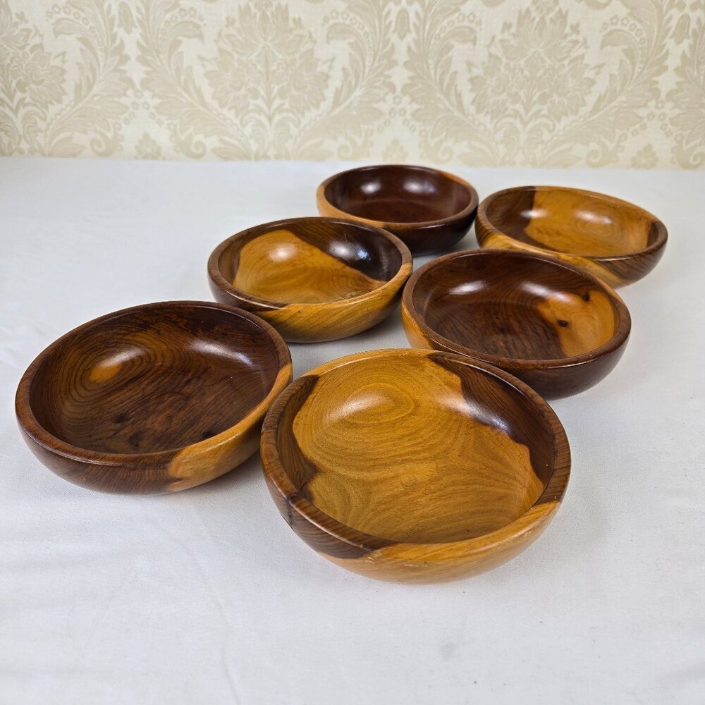 Set of 6 Two-Tone Wooden Bowls Snacks Display Trinkets Decor Crafting Gifts